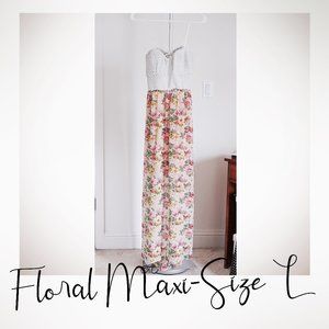 Peach and White floral maxi dress - L